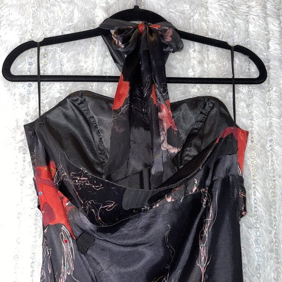 Paraf Sweetheart Halter Maxi Dress Size 12 (42EU) Black Red Floral Satin Jewels - Picture 5 of 12